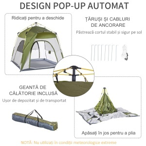 Cort pentru Camping cu 2 Locuri, Cort cu Ușă, 3 Ferestre cu Plasă și Geantă pentru Transport, 240x240x199 cm, Verde - Img 5