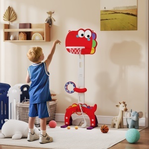 Coș de Baschet pentru Copii, Înălțime Reglabilă, 5 în 1 cu Fotbal, Golf, Lasou, 46x51x134-152 cm, Roșu - Img 2