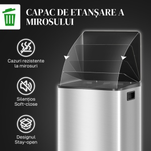 Coș de Gunoi cu 2 Compartimente de 30L, Pedală și Capac Silențios, 47,7x37,5x66,8 cm, Argintiu - Img 6