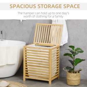 Cos de Rufe cu Sipci din Bambus si Material Textil cu Capac si Sac detasabil pentru Baie si Dormitor, 50x36x60 cm, culoare Lemn natur - Img 4