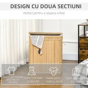 Coș de Rufe de 90L Pliabil cu 2 Compartimente, Capac și Mânere din Bambus - Img 6