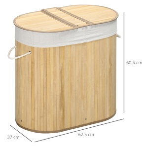 Cos de rufe din bambus cu capac, 100 litri cu 2 sectiuni, captuseala detasabila lavabila, 62,5 x 37 x 60,5 cm, natural - Img 3