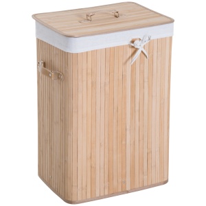 Cos de rufe din bambus cu capac si geanta detasabila din material, 40x30x60cm, natural - Img 1