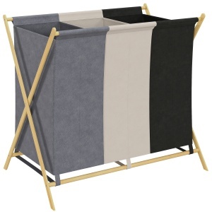 Coș de Rufe Pliabil cu 3 Compartimente, din Bambus și Material cu Efect de In, 75x48x67 cm, Multicolor - Img 1