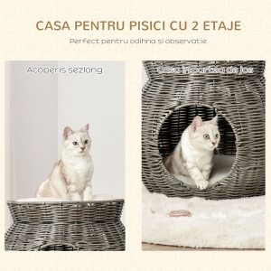 Cos pentru Pisici din rattan PE cu 2 Niveluri cu Perne de Plus Lavabile, Φ50x43.5cm - Gri Inchis - Img 4