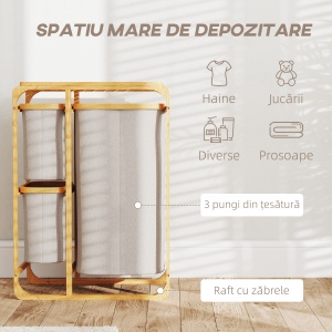 Coș pentru Rufe cu 3 Saci și Rafturi Detașabile din Material Textil din Bambus, 50x32x69,7 cm, Alb Crem - Img 4