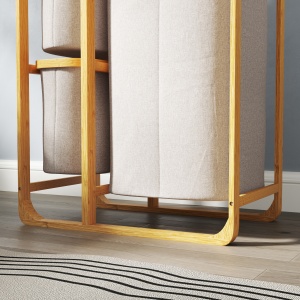 Coș pentru Rufe cu 3 Saci și Rafturi Detașabile din Material Textil din Bambus, 50x32x69,7 cm, Alb Crem - Img 9