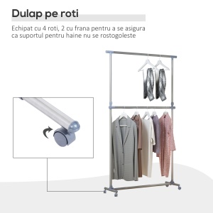 Cuier pentru haine cu inaltime si extensie reglabile, 165 x 48 x 180 cm, Inox / ABS, Argintiu / Gri - Img 6