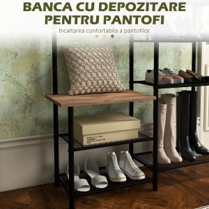 Cuier pentru Haine de Podea cu 6 Carlige din PAL si Otel cu Dulap de Pantofi cu mai multe Rafturi, 92.5x28.2x182 cm, Maro - Img 5