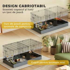 Cușcă 2-în-1 pentru Porcușori de Guineea, Cușcă pentru Iepuri, Țarc pentru Animale cu 2 Zone Separate și Fund Impermeabil din Material Oxford - Img 4