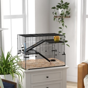 Cușcă Hamsteri de 23,5", Cușcă pentru Gerbili cu Bază din Sticlă pentru Hamsteri Mici, Negru - Img 2