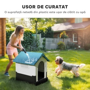 Cușcă pentru Câini de Exterior din Plastic, Căsuță pentru Câini Mici cu Ferestre, Acoperiș Înclinat și Bază Ridicată, 64,5 x 57 x 66 cm, Albastru - Img 5