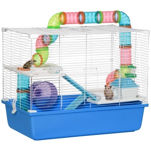 Cușcă pentru Hamsteri cu 3 Nivele, Tub, Roată de Alergat, Sticlă de Apă și Bol de Mancare, 59x36x47 cm, Albastru - Img 1