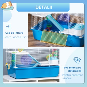 Cușcă pentru Hamsteri cu 3 Nivele, Tub, Roată de Alergat, Sticlă de Apă și Bol de Mancare, 59x36x47 cm, Albastru - Img 6