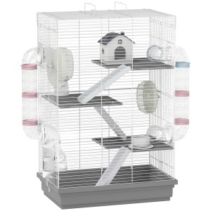Cușcă pentru Hamsteri pe 4 Niveluri cu 16 Tuburi, Căsuță, Rampă, Boluri, Rezervor de Apă și Tavă Antipicurare, Cușcă din Metal și Plastic, 47x30x70 cm, Gri