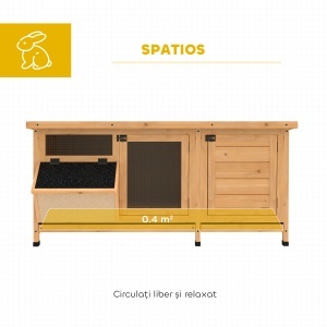 Cușcă pentru Iepuri din Lemn de Exterior cu Acoperiș din Asfalt, Căsuță cu Uși, Tăvi Detașabile și Hrănitoare, 112x50x54 cm, Galben - Img 4