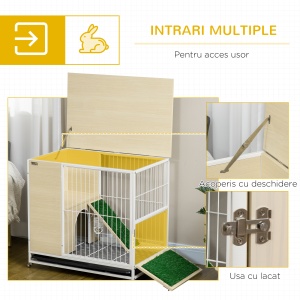 Cusca pentru iepuri mobilier cu roti, Cusca pentru iepurasi masa laterala cu tavita detasabila, acces prin partea superioara, 78 x 52.5 x 76.5 cm, stejar - Img 5