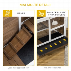 Cușcă pentru Iepuri/Rozători cu 2 Nivele, Căsuță, Rampă și Tavă Detașabilă, Cușcă din Lemn, 91,5x53,3x73 cm, Maro - Img 7