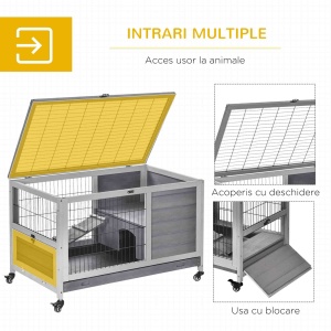 Cușcă pentru Iepuri și Porcușori de Guinea din Lemn cu Căsuță și Rampă, 90x53x59 cm, Gri - Img 5
