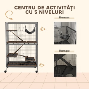 Cușcă pentru Rozătoare cu 4 Intrări la Nivele Multiple cu Hamac, din Metal și PP, 80x52x128 cm, Argintiu și Gri - Img 6