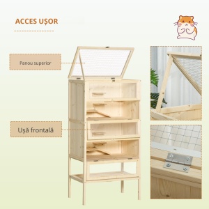 Cusca pentru Rozitori si Hamsteri cu 4 Rafturi cu Acoperis Trapa in Lemn 60x40x120cm - Img 5