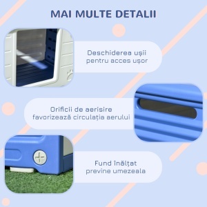 Cușcă Ridicată pentru Câini de Talie Mică cu Intrare și 2 Deschideri Laterale, Cușcă de Exterior Antiderapantă din Polietilenă, Ușor de Curățat, 60x42x40 cm, Albastru și Alb - Img 7