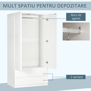 Dulap alb cu cuier pentru haine si 2 sertare glisante pentru dormitor din PAL, 100x60x200 cm - Img 4