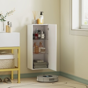 Dulap de Baie Suspendat cu Ușă Fără Mâner, 2 Rafturi Reglabile din Sticlă, Mobilier Suspendat Multifuncțional, 30x23,4x71,2 cm, Alb Lucios - Img 7