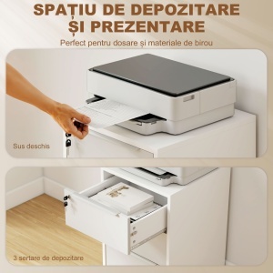 Dulap de Birou cu 3 Sertare cu Chei și 4 Rotile Alb și Gri - Img 4