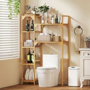 Dulap de deasupra Mașinii de Spălat din Bambus cu 7 Rafturi Reversibile, Dulap Compact cu Spațiu Reglabil, pentru Depozitare și Organizare, pentru Baie sau Spălătorie, 100x40x157 cm, Culoare Lemn - Img 9