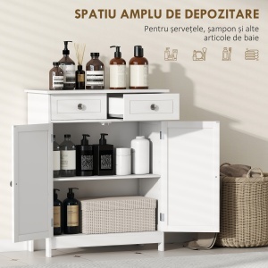Dulap de Depozitare Organizator Independent pentru Baie de Podea cu 2 Usi, 2 Sertare si Raft Reglabil, Alb - Img 4