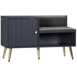 Dulap de pantofi de intrare cu scaun captusit, raft deschis si dulap, pentru 4 perechi de pantofi, lemn si metal, 80x33x49cm, gri - Img 1