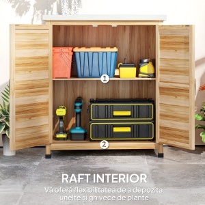 Dulap Exterior cu Raft Intern și Banc de Lucru, Dulap de Grădină din Lemn de Brad și Oțel Zincat, 79x43x92 cm, Culoare Lemn - Img 6