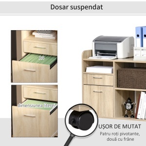 Dulap Imprimantă Birou Multifuncțional 80x40x72 cm, Dulap Joasă cu Sertare, Rafturi, 4 Roți, Culoare Stejar - Img 6