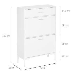 Dulap modern pentru pantofi, 12 perechi de pantofi cu 2 usi si sertar, din PAL, MDF si metal, 75x26x110 cm, alb - Img 3