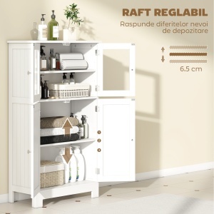 Dulap pentru Baie cu 2 Dulapuri cu Uși din Sticlă și Raft Reglabil, Alb - Img 5