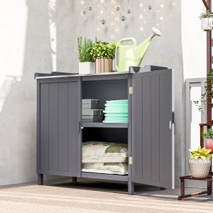 Dulap pentru Exterior din Lemn de Brad cu Blat de Lucru din Metal Zincat si 2 Rafturi pentru Scule, 98x48x95.5 cm, Gri - Img 2