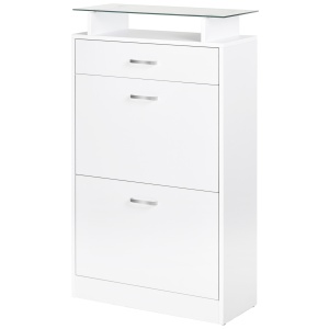 Dulap pentru Pantofi cu 2 Uși pe 2 Niveluri, Sertar și Raft din Sticlă, Dulap pentru Pantofi, 60x24x105,5 cm, Alb - Img 1