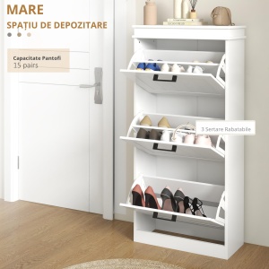 Dulap Spațios pentru Pantofi cu 3 Sertare Rabatabile pentru 15 Perechi de Pantofi, 54x24x117,5 cm, Alb - Img 5