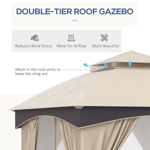 Foisor pentru gradina 3m x 3 m, Adapost copertina foisor exterior cu acoperis dublu cu plasa & draperii, Cadru din otel galvanizat pentru gradina, gazon, curtea din spate si punte - Img 4