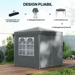 Foișor Pliabil 2x2 m Pop-Up cu 2 Uși, 2 Ferestre, 4 Pereți Detașabili, Foișor de Exterior cu Geantă de Transport din Oțel și Țesătură Oxford, pentru Grădină, Petreceri, Camping, Gri - Img 4