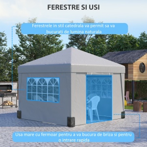 Foișor Pliabil cu Înălțime Reglabilă, Uși, Ferestre și Geantă de Transport, 298x298x288 cm, Gri Deschis - Img 5