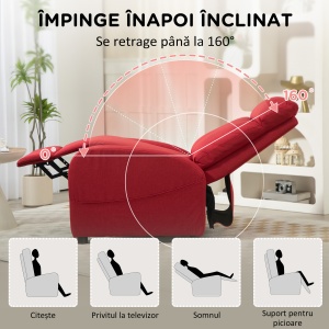 Fotoliu Rabatabil Manual cu Suport pentru Picioare din Material Textil cu Efect de In, 69x85x100 cm, Roșu Vin - Img 4
