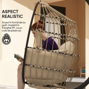Fotoliu Suspendat Tip Ou cu Lanț Reglabil, 2 Perne Detașabile și Suport pentru Pahare, Scaun Balansoar Pliabil pentru Grădină, Bază în X din Oțel, pentru Interior și Exterior, 120x88x192 cm, Bej - Img 6