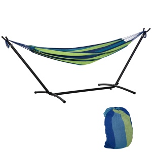 Hamac de Grădină Suspendat 310x117 cm cu Înălțime Reglabilă și Suport, Capacitate 120 kg, Hamac Autoportant cu Geantă de Transport, pentru Camping, Grădină, Balcon, Patio, Verde și Albastru - Img 1