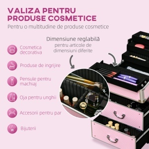 Husă pentru Călătorii de Machiaj, Cărucior Mare de Depozitare pentru Produse Cosmetice, 37x23x59 cm, Roz - Img 4
