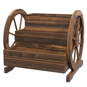 Jardinieră de Exterior cu 3 Niveluri și Roți Decorative, din Lemn de Brad cu Orificii de Drenaj, pentru Legume și Flori, pentru Balcon sau Terasă, 62x61x57 cm, Carbonizat