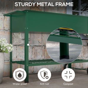 Jardinieră Exterioară cu Raft Inferior pentru Unelte, Jardinieră Metalică cu 2 Roți și Mâner, 109x44x80 cm, Verde - Img 6