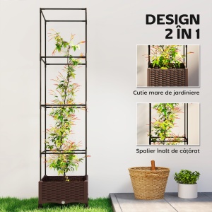 Jardinieră Înălțată cu Spalier 20L, Pat de Grădină Înălțat pentru Exterior cu Roți Blocabile, Sistem de Autoirigare, Orificii de Drenaj pentru Plante Cățărătoare, Legume și Flori, Maro - Img 4