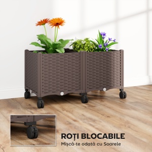 Jardinieră Ridicată din Plastic, 85L, Spațiu pentru Grădinărit în Aer Liber cu Roți Blocate, Sistem de Autoirigare, Orificii de Drenaj, Ideală pentru Plante, Legume și Flori, Maro - Img 6